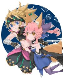 Rule 34 | 1boy, 1girl, aged down, animal ear fluff, animal ears, bare shoulders, blonde hair, blue bow, blue eyes, blue kimono, blue thighhighs, bow, commentary request, detached sleeves, fate/extra, fate/grand order, fate (series), fox ears, fox girl, fox tail, gauntlets, grin, hair between eyes, hair bow, headband, japanese clothes, kimono, kurusu piyo, looking at viewer, pink hair, sakata kintoki (fate), sakata kintoki (heian warrior attire) (fate), smile, split ponytail, tail, tamamo (fate), tamamo no mae (fate/extra), thighhighs, yellow eyes, zettai ryouiki