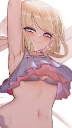 Rule 34 | 1girl, arms behind head, arms up, at2., blonde hair, blush, breasts, character request, closed mouth, copyright request, earrings, highres, jewelry, long hair, looking at viewer, navel, ponytail, purple eyes, small breasts, smile, solo, very long hair