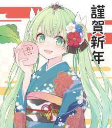 1girl :d blue_kimono commentary_request floral_print flower food frey_(rune_factory) green_eyes green_hair hair_flower hair_ornament happy_new_year hayamaro65 highres holding holding_food holding_vegetable japanese_clothes kimono long_hair looking_at_viewer new_year open_mouth print_kimono rune_factory rune_factory_4 smile solo translation_request turnip twintails upper_body vegetable wide_sleeves