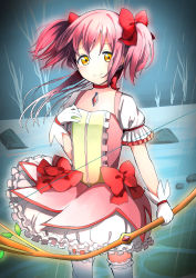 Rule 34 | 1girl, aabtcndneefkg, bow, bow (weapon), choker, cowboy shot, flat chest, floating hair, frilled skirt, frills, gem, gloves, hair between eyes, hair bow, holding, holding bow (weapon), holding weapon, kaname madoka, long hair, looking at viewer, mahou shoujo madoka magica, mahou shoujo madoka magica (anime), medium skirt, pink hair, ponytail, red bow, short sleeves, skirt, smile, solo, standing, thighhighs, twintails, two side up, weapon, white gloves, white skirt, white thighhighs, yellow eyes, zettai ryouiki
