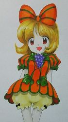 Rule 34 | 1girl, aki minoriko, arms at sides, bad id, bad pixiv id, blonde hair, bloomers, bow, dress, food, fruit, grapes, hair bow, halloween, halloween costume, large bow, open mouth, orange dress, puffy short sleeves, puffy sleeves, red eyes, short dress, short hair, short sleeves, shu (loveeater), smile, solo, striped clothes, striped dress, touhou, underwear