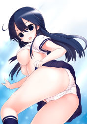Rule 34 | 10s, 1girl, ass, black hair, blush, breasts, clothes lift, kantai collection, large breasts, lifted by self, long hair, looking at viewer, no bra, open mouth, panties, personification, school uniform, serafuku, skirt, skirt lift, solo, sora to umi, underboob, underwear, upskirt, ushio (kancolle), white panties