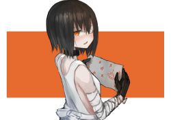 Rule 34 | 1girl, bandages, black hair, blush, collar, eyepatch, from behind, looking at viewer, looking back, mihato senba, original, prosthesis, science fiction, short hair, solo, swept bangs, vest, yellow eyes