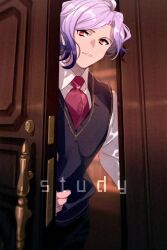 Rule 34 | 1boy, black hair, black vest, collared shirt, commentary request, door, echo (circa), edmond dantes (fate), english text, fate/grand order, fate (series), gradient hair, long sleeves, looking at viewer, male focus, multicolored hair, necktie, opening door, purple hair, red eyes, red necktie, shirt, solo, the count of monte cristo (fate), twitter username, two-tone hair, vest, white shirt