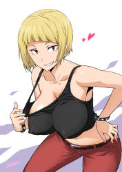 Rule 34 | 10s, 1girl, artist name, bare shoulders, black shirt, blonde hair, blouse, blunt bangs, bob cut, bracelet, breasts, cleavage, cleavage reach, clothes pull, covered erect nipples, fingernails, grin, haikyuu!!, hand on own hip, huge nipples, impossible clothes, impossible shirt, jewelry, joy ride, long fingernails, looking at viewer, midriff, nail polish, naughty face, navel, puffy nipples, red eyes, shirt, shirt pull, short hair, smile, solo, spiked bracelet, spikes, tanaka saeko (haikyuu!!), taut clothes, taut shirt