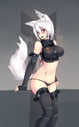 Rule 34 | 1girl, animal ear fluff, animal ears, artist name, bare shoulders, bikini, bikini bottom only, black bikini, black gloves, black thighhighs, breasts, crop top, dog tags, ear piercing, elbow gloves, fangs, fingerless gloves, fox ears, fox tail, gloves, hair between eyes, heart, heavy breathing, highres, large breasts, long hair, looking at viewer, low-tied long hair, navel, open mouth, original, piercing, red eyes, scar, short hair, sleeveless, solo, stomach, sub-res, swimsuit, tail, teeth, thigh strap, thighhighs, vest, white hair