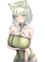 Rule 34 | 1girl, absurdres, alternate breast size, animal ear fluff, animal ears, arknights, arm under breasts, bare shoulders, blush, breasts, cat ears, cleavage, closed mouth, collarbone, dress, green dress, grey hair, hair intakes, halter dress, halterneck, highres, kal&#039;tsit (arknights), large breasts, looking at viewer, material growth, oripathy lesion (arknights), poni (poni arknights), short hair, simple background, sleeveless, sleeveless dress, solo, upper body, white background, yellow eyes