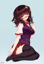 Rule 34 | 1girl, black thighhighs, blew andwhite, blue background, blush, bow, breasts, brown hair, collared shirt, commentary request, full body, glasses, hand in own hair, highres, large breasts, looking at viewer, looking up, mole, mole on thigh, no shoes, original, parted lips, pleated skirt, red-framed eyewear, red bow, red skirt, semi-rimless eyewear, shirt, short sleeves, signature, simple background, sitting, skirt, smile, solo, thighhighs, white shirt