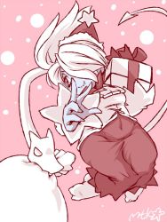 Rule 34 | 1girl, bag, blue skin, box, christmas, colored skin, dress, gift, gift box, hair over one eye, hat, leviathan (skullgirls), monochrome, mtk hoshi, red background, red eyes, santa hat, skullgirls, smile, solo, squigly (skullgirls), stitched mouth, stitches, wide sleeves