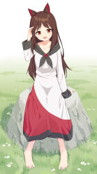 Rule 34 | 1girl, :d, absurdres, animal ear fluff, animal ears, aqoot, arm up, barefoot, brooch, brown hair, dress, fang, feet, flower, full body, gem, grass, hand in own hair, highres, imaizumi kagerou, jewelry, long dress, long hair, looking at viewer, multicolored clothes, multicolored dress, open mouth, outdoors, red eyes, red gemstone, rock, sidelocks, sitting, sitting on rock, skin fang, smile, solo, toes, touhou, very long hair, white dress, white flower, wide sleeves, wolf ears
