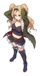 Rule 34 | 1girl, arms behind back, blonde hair, blue eyes, boots, braid, breasts, closed mouth, full body, fur trim, granblue fantasy, green jacket, hairband, highres, jacket, kotoribako, large breasts, looking at viewer, midriff, navel, open clothes, open jacket, simple background, skirt, smile, solo, thighhighs, white background, zeta (dark) (granblue fantasy), zeta (granblue fantasy)