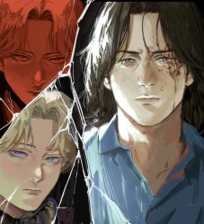 Rule 34 | 2boys, absurdres, black background, black eyes, black hair, blonde hair, blood, blood on face, blue eyes, blue shirt, closed mouth, collared shirt, commentary, ctstudio (executional), english commentary, eyebrows hidden by hair, furrowed brow, highres, johan liebert, lips, looking at viewer, male focus, monster (manga), multiple boys, nose, parted bangs, portrait, serious, shirt, short hair, tenma kenzou