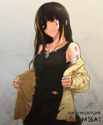 Rule 34 | 1girl, 2692hd, alternate hairstyle, bandages, bandage on face, bandaged arm, black eyes, black hair, blood, blood on clothes, cowboy shot, dated, dog tags, eyepatch, girls&#039; frontline, highres, long hair, m16a1 (girls&#039; frontline), mole, mole under eye, multicolored hair, signature, skirt, solo, streaked hair, tank top, torn clothes