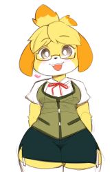 Rule 34 | 1girl, animal crossing, animal ears, aqua skirt, arms behind back, berseepon, black-framed eyewear, black eyes, blonde hair, blush, breasts, cowboy shot, dog ears, fangs, female focus, furry, furry female, garter straps, glasses, green vest, happy, heart, isabelle (animal crossing), legs together, looking at viewer, medium breasts, miniskirt, neck ribbon, nintendo, open mouth, pencil skirt, red ribbon, ribbon, shirt, short hair, short sleeves, side slit, simple background, sketch, skirt, smile, solo, standing, thick thighs, thighhighs, thighs, topknot, vest, white background, white shirt, white thighhighs, wide hips