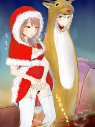 Rule 34 | 2girls, animal costume, antlers, bell, blush, breasts, breath, brown eyes, brown hair, capelet, censored, christmas, cleavage, collar, dress, garter belt, garter straps, green eyes, highres, hood, horns, long hair, looking down, looking to the side, medium breasts, multiple girls, neck bell, night, open mouth, peeing, pussy, red capelet, red dress, reindeer costume, santa costume, silver hair, sky, sleeveless, sleeveless dress, sleigh, sparkle, standing, steam, sweat, tempura dozaemon, thighhighs, white legwear