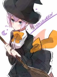 Rule 34 | 10s, 1girl, alternate costume, black dress, blue eyes, blush, bow, bowtie, broom, crescent, dress, halloween, hat, highres, holding, holding broom, kantai collection, looking at viewer, orange bow, orange bowtie, pink hair, ponytail, shiranui (kancolle), sketch, solo, star (symbol), takeshima eku, white background, witch hat