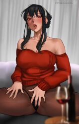 Rule 34 | 1girl, absurdres, alcohol, black hair, black panties, bottle, breasts, brown pantyhose, cleavage, cup, drinking glass, drunk, earrings, hairband, highres, indoors, jewelry, kirani, large breasts, looking at viewer, panties, pantyhose, red sweater, red wine, solo, spread legs, spy x family, sweater, table, underwear, white hairband, wine, wine bottle, wine glass, yor briar