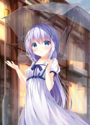 Rule 34 | 1girl, absurdres, blue bow, blue eyes, blue hair, blush, bow, breasts, commentary request, dress, gochuumon wa usagi desu ka?, hair between eyes, hair ornament, hands up, highres, holding, holding umbrella, kafuu chino, long hair, looking at viewer, outdoors, parted lips, pizzzica, puffy short sleeves, puffy sleeves, rain, short sleeves, sidelocks, sign, small breasts, solo, transparent, transparent umbrella, umbrella, very long hair, white dress, x hair ornament