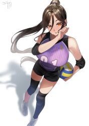 Rule 34 | 1girl, ball, blush, breasts, brown hair, elbow pads, elbow sleeve, grey hair, highres, holding, holding ball, knee pads, large breasts, long hair, looking at viewer, multicolored hair, nekotokage, nijisanji, open mouth, orange eyes, shirayuki tomoe, shirt, short shorts, shorts, simple background, sleeveless, sleeveless shirt, smile, sportswear, standing, sweat, virtual youtuber, volleyball (object), volleyball uniform