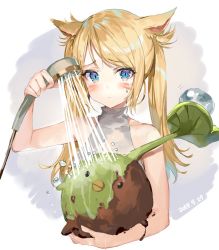 Rule 34 | 1girl, animal ears, bare shoulders, blonde hair, blue eyes, blush, cat ears, commentary request, creature, dated, facial mark, final fantasy, final fantasy xiv, holding, long hair, looking at viewer, miqo&#039;te, momoko (momopoco), sidelocks, simple background, slit pupils, solo, sweatdrop, sweater, sweater vest, turtleneck, turtleneck sweater, twintails, upper body, warrior of light (ff14)