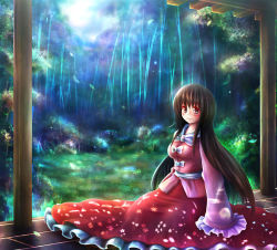 Rule 34 | 1girl, bamboo, bamboo forest, breasts, brown hair, dress, forest, hime cut, houraisan kaguya, leaf, light rays, long hair, nature, pink eyes, porch, satoji (ochanomkmskry), smile, solo, sunbeam, sunlight, touhou