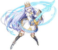 Rule 34 | 1girl, armor, blue eyes, cross, crown, dress, gauntlets, glowing, greaves, holding, holding sword, holding weapon, knight, long hair, looking at viewer, observerz, official art, original, princess, shield, silver hair, simple background, solo, standing, sword, weapon, white background