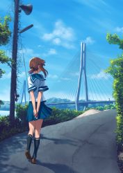 Rule 34 | 10s, 1girl, arms behind back, black socks, blew andwhite, blue skirt, blue sky, bridge, brown footwear, brown hair, cloud, commentary request, day, facing away, from behind, fubuki (kancolle), full body, highres, holding, kantai collection, kneehighs, outdoors, plant, pole, road, school uniform, serafuku, shirt, shoes, short hair with long locks, sidelocks, skirt, sky, socks, solo, speaker, street, v arms, white shirt
