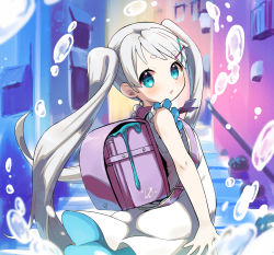 Rule 34 | 1girl, amimi, backpack, bag, blue eyes, dress, eyebrows, from behind, hair ornament, hairclip, highres, long hair, looking back, open mouth, original, randoseru, sleeveless, sleeveless dress, slime (substance), solo, sundress, twintails, very long hair, white dress, white hair, wind, wind lift
