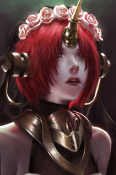 Rule 34 | 1girl, breasts, crying, fate/apocrypha, fate/grand order, fate (series), flower, frankenstein&#039;s monster (fate), hair flower, hair ornament, horns, medium breasts, portrait, red hair, short hair, single horn, solo, viet le quoc