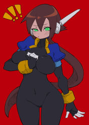 Rule 34 | !, !!, 1girl, absurdres, aile (mega man zx), black bodysuit, blue jacket, blush, bodysuit, bodysuit under clothes, breasts, brown hair, buzzlyears, covered navel, cropped jacket, fang, glowing, green eyes, highres, jacket, long hair, looking at viewer, medium breasts, mega man (series), mega man zx, mega man zx advent, no pants, open clothes, open jacket, ponytail, red background, robot ears, simple background, solo