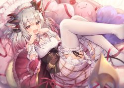 Rule 34 | 1girl, nanashi inc., :d, absurdres, animal ear fluff, animal ears, blush, bow, bowtie, breasts, commentary request, corset, detached collar, frilled pillow, frilled skirt, frilled thighhighs, frills, gradient hair, heart, heart-shaped pillow, highres, honey strap, horns, legs up, long hair, looking at viewer, lying, medium breasts, multicolored hair, no shoes, on back, open mouth, paw pose, pillow, pink skirt, plaid, plaid skirt, red eyes, red hair, red ribbon, ribbon, second-party source, shirt, silver hair, skirt, smile, solo, stuffed toy, suou patra, tail, thighhighs, topia, virtual youtuber, white shirt, white thighhighs, wrist cuffs