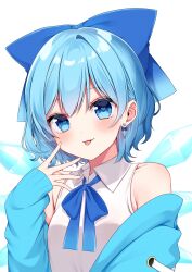 Rule 34 | 1girl, absurdres, blue bow, blue eyes, blue hair, blue jacket, blush, bow, cirno, closed mouth, collared shirt, fairy, hair bow, highres, ice, ice wings, jacket, shinonome asu, shirt, short hair, sleeveless, sleeveless shirt, smile, solo, tongue, tongue out, touhou, twitter username, upper body, white shirt, wings