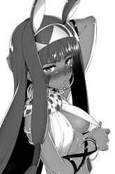 Rule 34 | 1girl, blush, bracelet, breasts, dark-skinned female, dark skin, earrings, egyptian, egyptian clothes, facial mark, fate/grand order, fate (series), greyscale, hairband, hyouju issei, jewelry, long hair, looking at viewer, medium breasts, monochrome, nitocris (fate), shiny skin, solo, very long hair