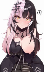 Rule 34 | 1girl, ?, absurdres, black choker, black dress, black hair, blush, breasts, choker, cleavage, closed mouth, dress, grey hair, hair ornament, highres, hololive, hololive english, large breasts, long hair, looking at viewer, multicolored hair, nipple slip, nipples, shiori novella, solo, split-color hair, spoken question mark, striped arm warmers, two-tone hair, vicarious, virtual youtuber, wardrobe malfunction, yellow eyes