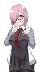 Rule 34 | 1girl, ;d, bad id, bad pixiv id, black-framed eyewear, black dress, black pantyhose, blush, breasts, cowboy shot, dress, eyes visible through hair, fate/grand order, fate (series), glasses, glasses over hair, grey jacket, grin, hair over one eye, hand on own chest, hand on own face, hands up, head tilt, highres, jacket, large breasts, long sleeves, looking at viewer, mash kyrielight, necktie, one eye closed, open clothes, open jacket, open mouth, pantyhose, pink hair, purple eyes, red neckwear, short hair, simple background, smile, spicy moo, standing, tareme, teeth, track jacket, white background, wing collar