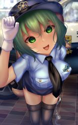 Rule 34 | 1girl, :d, alternate costume, black necktie, black thighhighs, blue headwear, blue shirt, breasts, car, checkered floor, collared shirt, cuffs, dog tail, gloves, highres, kasodani kyouko, large breasts, leaning forward, looking at viewer, motor vehicle, necktie, open mouth, pocket, police, police car, police uniform, policewoman, shirt, shounen (hogehoge), smile, solo, standing, tail, thighhighs, touhou, uniform, white gloves