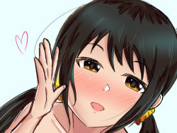 Rule 34 | 1girl, aqua background, arm at side, armpits, artist request, bare shoulders, black hair, blush, completely nude, eyelashes, facing viewer, female focus, fingernails, hair ornament, half-closed eyes, hand up, happy, heart, highres, idolmaster, idolmaster cinderella girls, long hair, long twintails, looking at viewer, low twintails, nakano yuka, namco, no bra, nude, open mouth, pov, side bangs, sidelocks, simple background, smile, source request, standing, topless, topless frame, traditional media, twintails, underwear, unworn clothes, unworn underwear, upper body, very long hair, yellow eyes