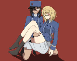 Rule 34 | 10s, 2girls, bc freedom (emblem), bc freedom military uniform, black footwear, black hair, black legwear, blonde hair, blood, blood on clothes, blood on face, blue hat, blue jacket, blue vest, boots, brown eyes, carrying, closed eyes, commentary request, constricted pupils, dark-skinned female, dark skin, dress shirt, emblem, full body, girls und panzer, hat, high collar, jacket, knee boots, kneeling, long sleeves, looking at viewer, marie (girls und panzer), medium hair, military, military hat, military uniform, miniskirt, multiple girls, oshida (girls und panzer), pleated skirt, princess carry, red background, scatter, shadow, shako cap, shirt, simple background, skirt, socks, uniform, vest, white shirt, white skirt