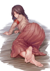 1girl, absurdres, aomoro, arm support, armband, ass, bags under eyes, barefoot, black hair, brown eyes, crossed ankles, dated, feet, floor, foot focus, from behind, full body, highres, long hair, long skirt, looking at viewer, looking back, lying, messy hair, no shoes, pieck, red armband, red skirt, shingeki no kyojin, simple background, skirt, smile, soles, solo, toenails, toes, trench coat