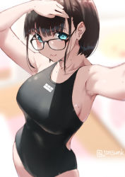 Rule 34 | 1girl, aqua eyes, armpits, arms up, artist name, black-framed eyewear, black hair, black one-piece swimsuit, blurry, blurry background, blush, breasts, closed mouth, commentary request, competition swimsuit, cowboy shot, depth of field, glasses, jonsun, large breasts, looking at viewer, mole, mole above eye, mole on arm, mole on breast, mole on ear, mole on neck, mole on shoulder, mole under eye, mole under mouth, one-piece swimsuit, original, outstretched arm, selfie, short hair, smile, solo, swimsuit, twitter username