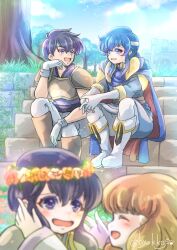 Rule 34 | 2boys, 2girls, byakkos, day, fire emblem, fire emblem: genealogy of the holy war, fire emblem heroes, flower, flower wreath, flustered, grass, head wreath, highres, lana (fire emblem), larcei (fire emblem), multiple boys, multiple girls, nintendo, open mouth, outdoors, scathach (fire emblem), seliph (fire emblem), siblings, sitting, sitting on stairs, smile, stairs, stone stairs, tree, twins