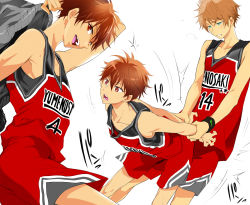 Rule 34 | 2boys, basketball uniform, blue eyes, brown hair, dry humping, ensemble stars!, highres, holding another&#039;s wrist, humping, kei1 833, male focus, morisawa chiaki, multiple boys, open mouth, red eyes, shorts, simple background, smile, sportswear, takamine midori, white background