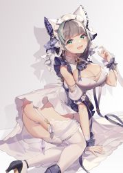 Rule 34 | 1girl, :d, absurdres, alternate costume, ankle strap, ass, azur lane, bare shoulders, blunt bangs, breasts, cheshire (azur lane), choyeon, cleavage, commentary, cross-laced clothes, detached sleeves, dress, enmaided, fang, frills, full body, garter straps, gold trim, green hair, hand up, high heels, highres, knees together feet apart, lace, lace-trimmed legwear, lace trim, large breasts, light blush, long dress, looking at viewer, maid, maid headdress, multicolored hair, open mouth, puffy sleeves, shadow, simple background, skin fang, smile, solo, thighhighs, thighs, two-tone hair, white background, white dress, white thighhighs, wrist cuffs