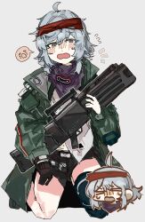 1girl ahoge assault_rifle asymmetrical_legwear bandana bandana_around_neck brown_eyes chibi chibi_inset coat g11_(girls&#039;_frontline) girls&#039;_frontline girls&#039;_frontline_2:_exilium gloves green_coat grey_hair gun h&amp;k_g11 highres holding holding_gun holding_weapon kneeling medium_hair messy_hair odmised open_mouth red_bandana rifle short_shorts shorts single_glove solo weapon