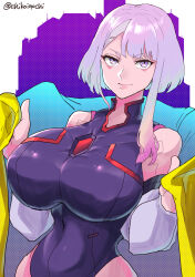 1girl artist_name black_suit breasts chikoinochi cyberpunk_(series) cyberpunk_edgerunners eyeliner formal_clothes highres jacket large_breasts looking_at_viewer lucy_(cyberpunk) makeup multicolored_hair off-shoulder_jacket off_shoulder purple_eyes red_eyeliner smile suit white_jacket yellow_jacket