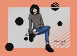 Rule 34 | 1girl, artist name, belt, black footwear, black hair, breasts, brown eyes, buttons, closed mouth, collared shirt, commentary request, crossed legs, dated, denim, grey shirt, highres, jeans, korchevskytea, long sleeves, looking at viewer, medium hair, original, pants, self-upload, shirt, shoes, short hair, sitting, small breasts, solo