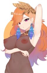 Rule 34 | 1girl, absurdres, armpits, breasts, cleavage, covered collarbone, earrings, feather earrings, feathers, gradient hair, highres, hololive, hololive english, jewelry, large breasts, long hair, looking at viewer, moursho, multicolored hair, navel, nipples, official alternate costume, orange hair, phoenix wings, purple eyes, see-through, see-through cleavage, solo, takanashi kiara, takanashi kiara (party dress), virtual youtuber