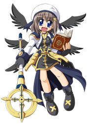 Rule 34 | 00s, 1girl, black wings, blue eyes, book, brown hair, chibi, d.a, fingerless gloves, gloves, hair ornament, hat, lyrical nanoha, mahou shoujo lyrical nanoha, mahou shoujo lyrical nanoha a&#039;s, miniskirt, schwertkreuz, skirt, solo, staff, tome of the night sky, transparent background, wings, x hair ornament, yagami hayate