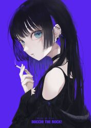 Rule 34 | 1girl, absurdres, belt, black choker, black dress, black hair, blunt bangs, blush, bocchi the rock!, buttons, chin piercing, choker, cigarette, colored inner hair, dress, ear piercing, green eyes, highres, hime cut, holding, holding cigarette, jewelry, long hair, long sleeves, looking at viewer, mile (mil2), multicolored hair, pa-san, piercing, purple eyes, purple hair, ring, simple background, sleeves past wrists, smoking