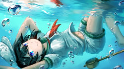 Rule 34 | 1girl, air bubble, anchor symbol, arms up, barefoot, black hair, blue eyes, blush, breasts, bubble, commentary request, feet out of frame, green sailor collar, hair between eyes, hat, highres, hikaru niwatori, hishaku, knees up, looking at viewer, medium breasts, midriff, murasa minamitsu, navel, neckerchief, puffy short sleeves, puffy sleeves, red neckerchief, sailor collar, sailor hat, sailor shirt, shirt, short hair, short shorts, short sleeves, shorts, smile, solo, thighs, touhou, underwater, white hat, white shirt, white shorts